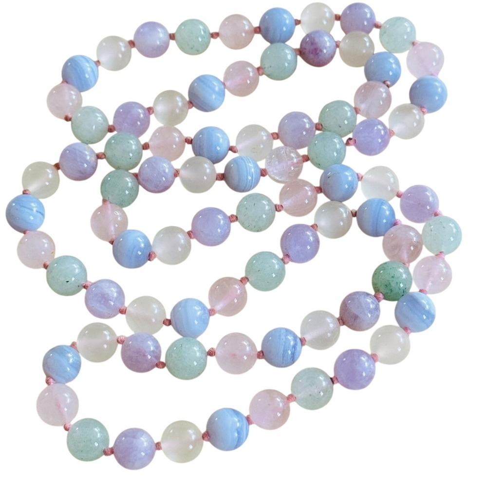 VTG BOHO Stone Pastel Necklace‎ Quartz Agate Aventurine Natural Round Beads 36"